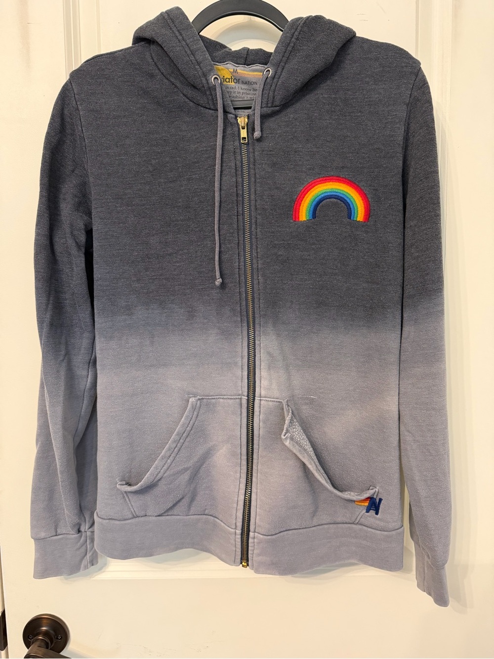 Aviator Nation Gray Ombre Zip Hoodie with Rainbow Patch Medium